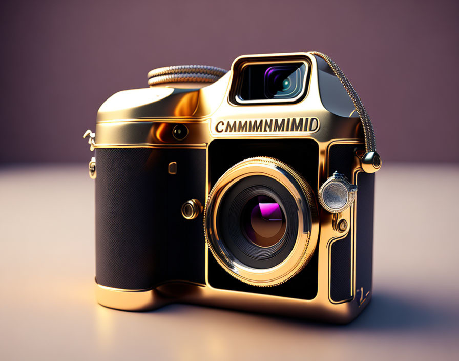 Vintage Black and Gold Camera with Large Lens and Elegant Design
