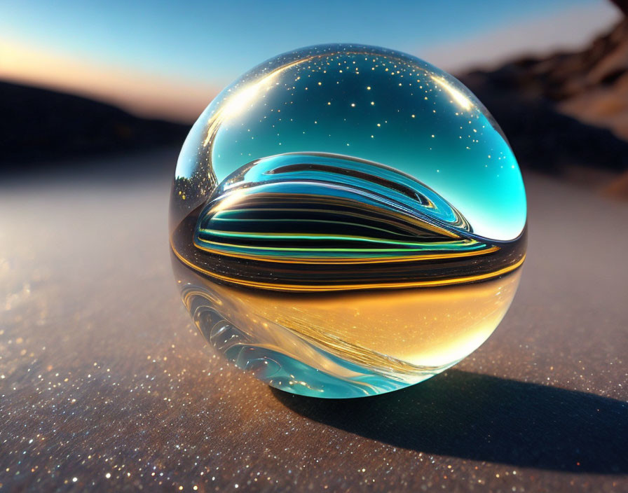 Crystal ball reflects sunrise on sandy surface with stars inside, creating surreal visual effect