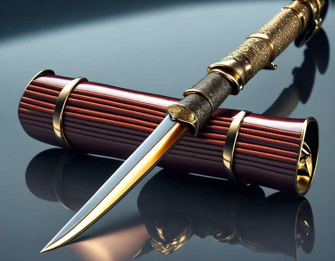 Golden-hilted ornate dagger with maroon and gold sheath on reflective surface