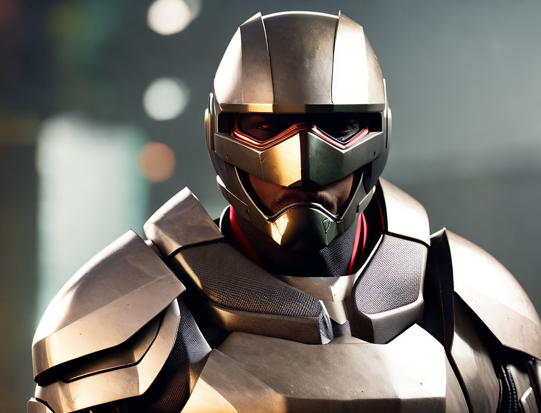 Futuristic person in metal armor helmet with glowing red eyes on blurred background