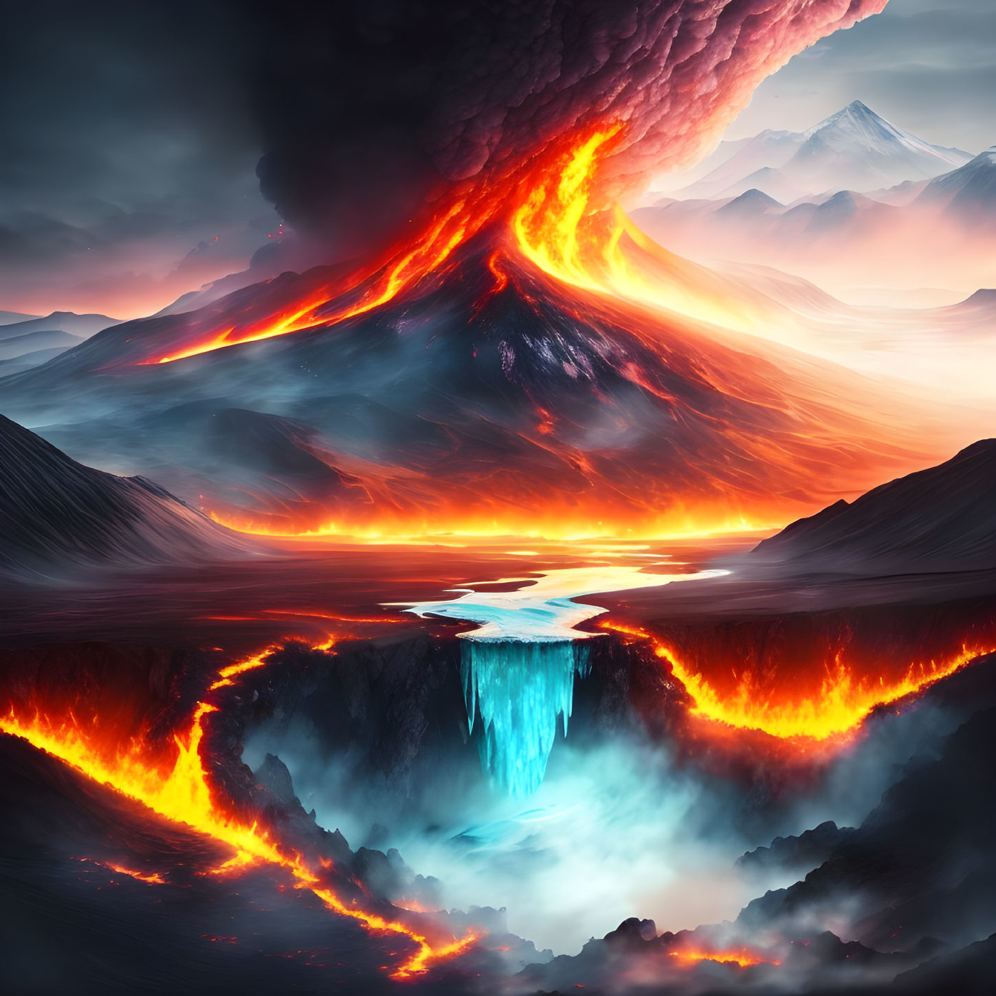 Erupting volcano with flowing lava meeting icy water under dramatic sky