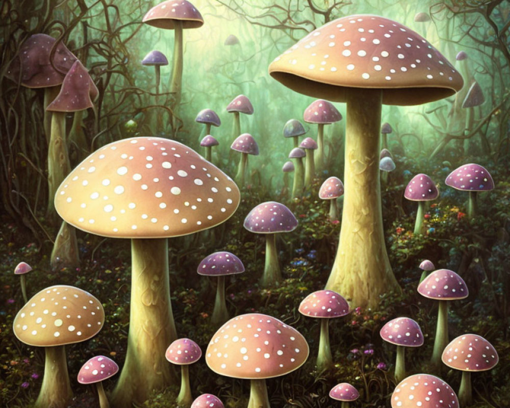 Whimsical oversized mushrooms in enchanting forest landscape
