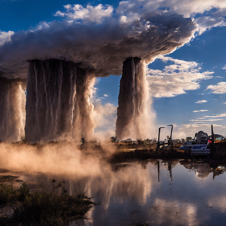 Surreal image: colossal waterfalls from massive cloud over calm water