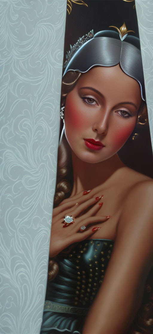 Art Deco Style Portrait of Woman with Classical Hairpiece and Red Lips