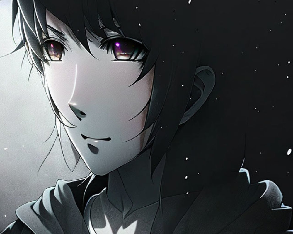 Anime character portrait: dark hair, purple eyes, subtle smile, starry night backdrop