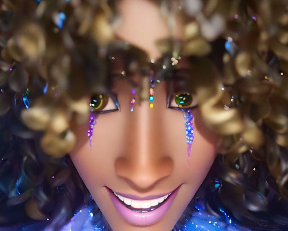 Person with Sparkling Makeup and Blue Glittering Outfit Smiling in Close-up
