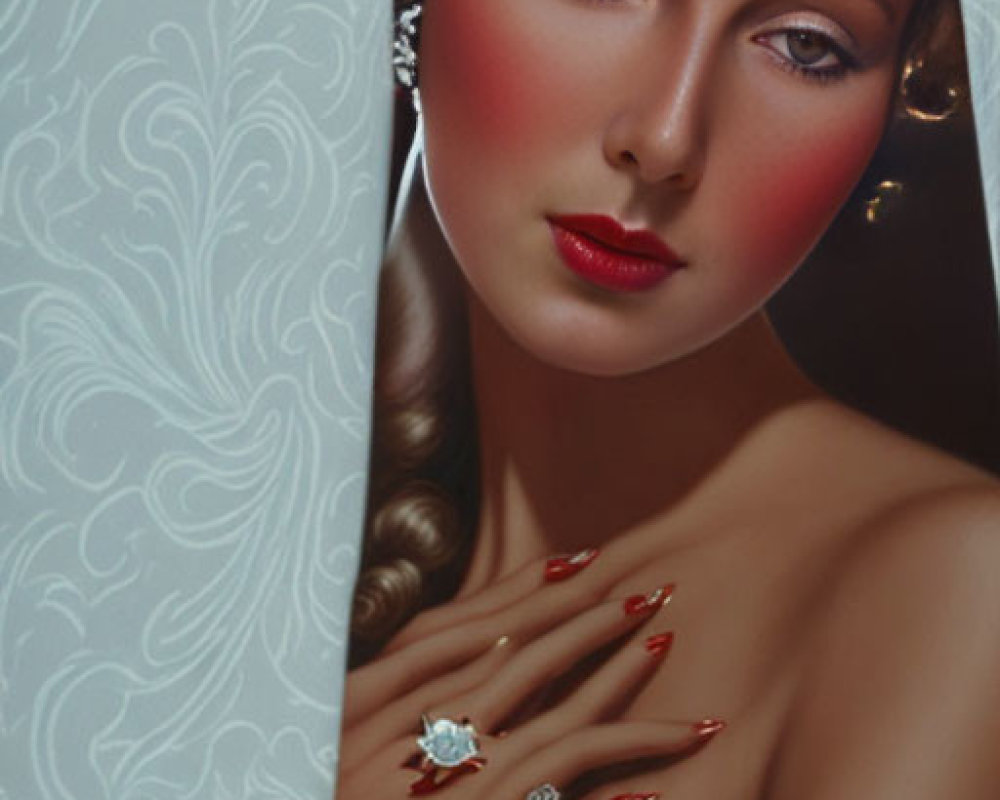 Art Deco Style Portrait of Woman with Classical Hairpiece and Red Lips
