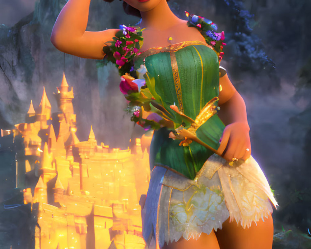 Smiling princess with tiara holding flowers at twilight
