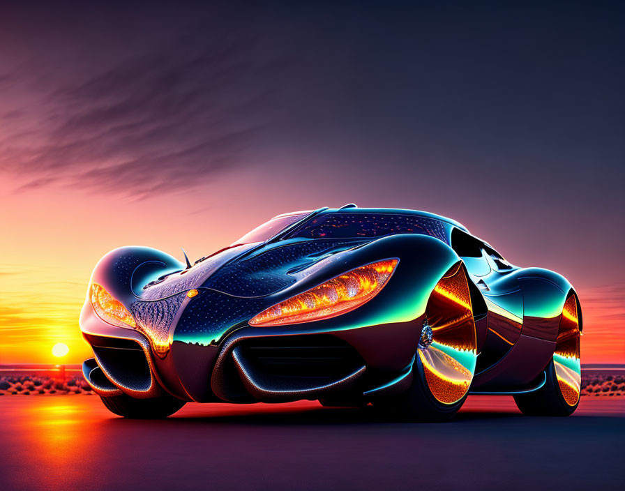 Futuristic car with sleek curves and glowing blue lights at sunset beach