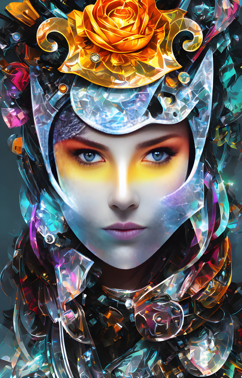 Vibrant digital artwork: Woman with yellow eyes, crystalline headdress, golden rose, and