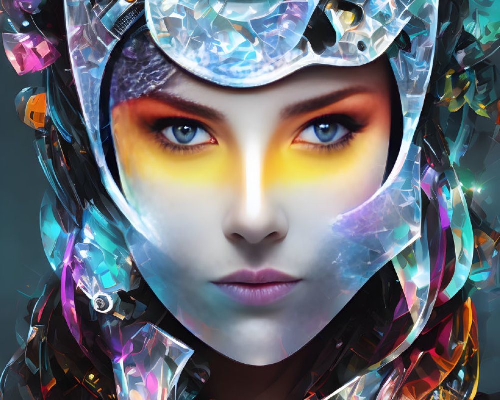 Vibrant digital artwork: Woman with yellow eyes, crystalline headdress, golden rose, and