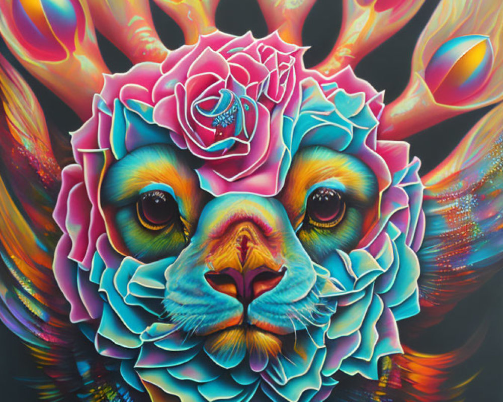 Colorful Lion Face Artwork with Rose and Luminous Leaves Background
