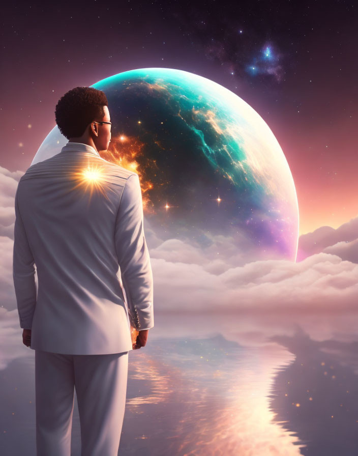 Businessman admires Earth-like planet in suit with sunburst over horizon.