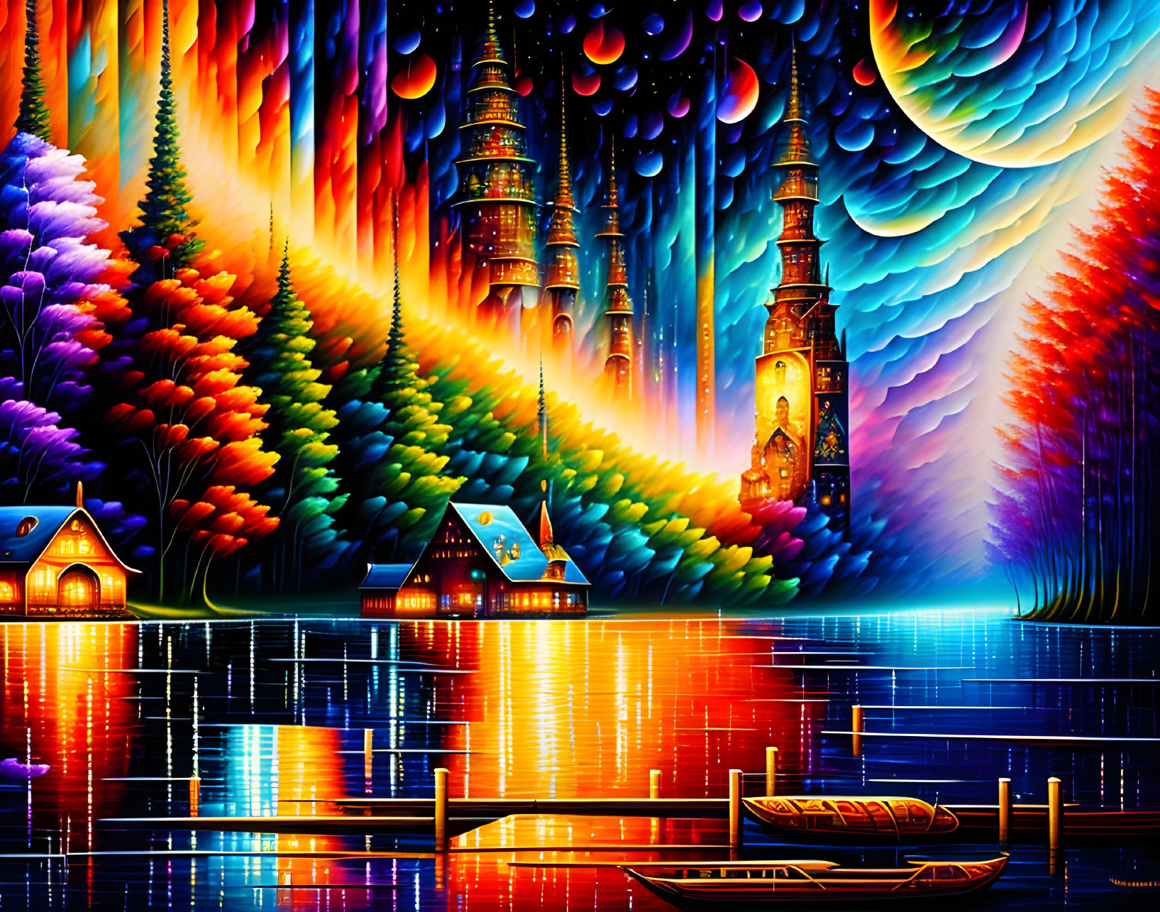 Colorful Fantasy Landscape with Castle, Boat, and Illuminated Houses