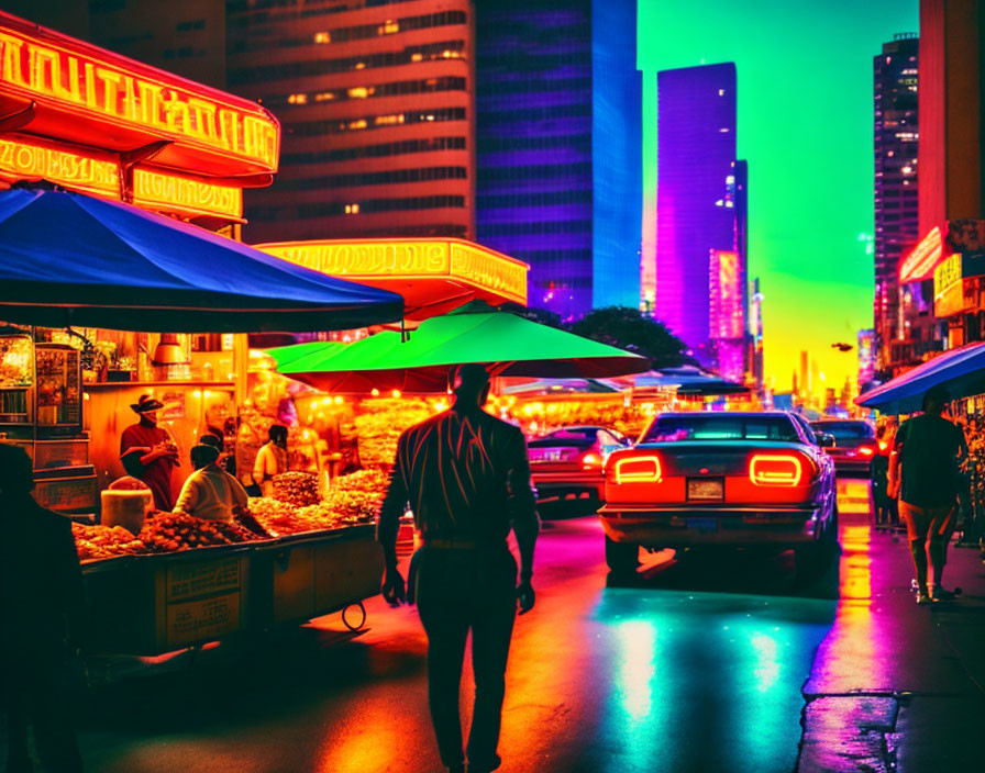 City street at dusk: neon lights, street vendors, colorful umbrellas, pedestrian, classic car ta