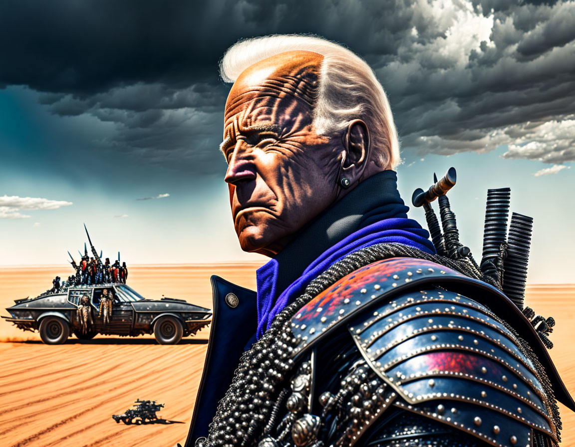 Futuristic armored warrior with mohawk in desert scene