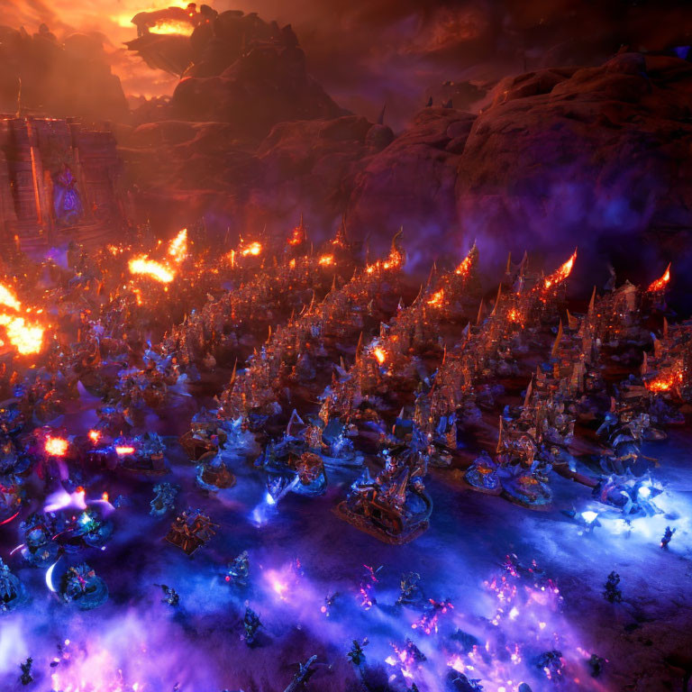 Fantastical night battle: blue vs. orange armies on rocky terrain