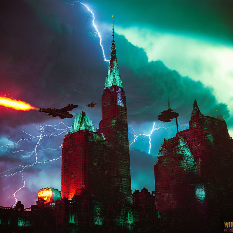 Dramatic lightning strikes over futuristic cityscape with flying vehicles