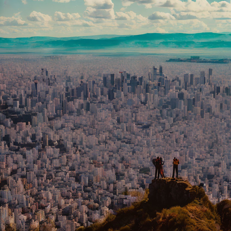 Two people on rocky hilltop gaze at sprawling cityscape.