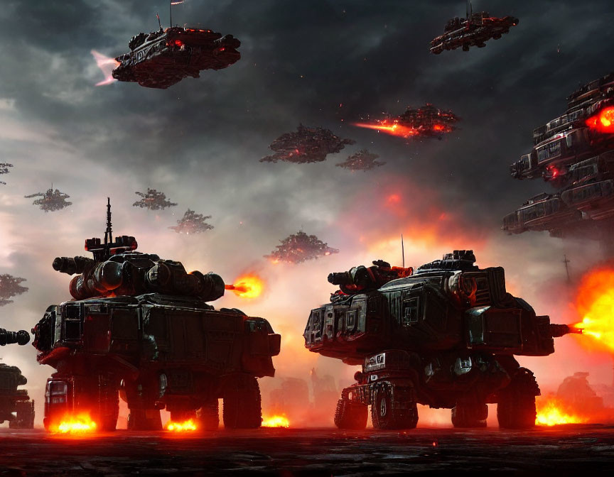 Armored vehicles battle under dark sky with flying warships & explosions