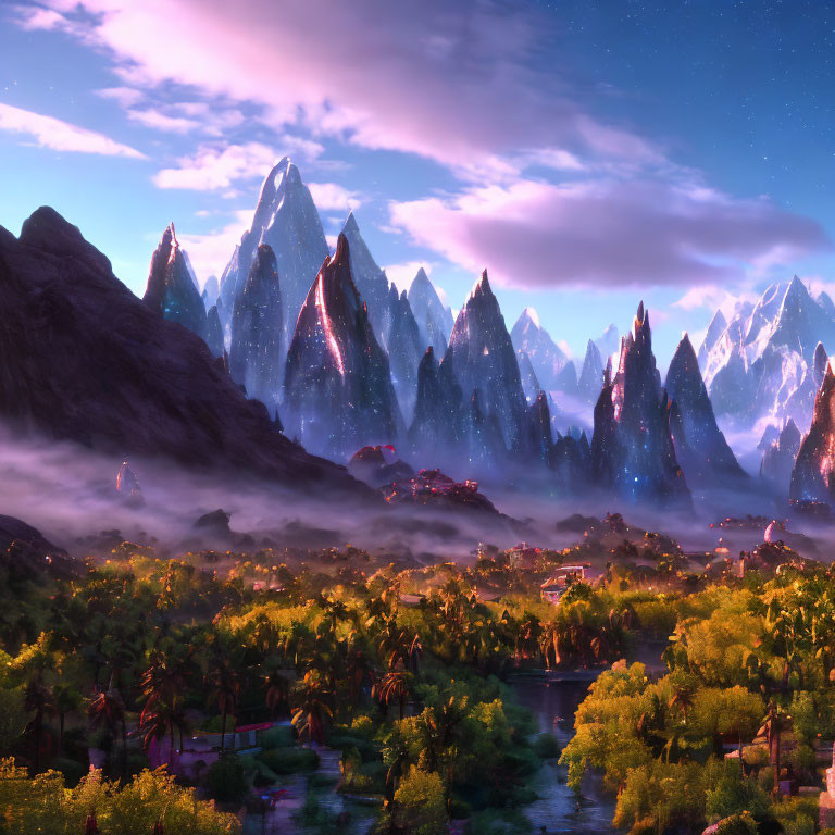 Mystical landscape with spiky mountains, lush forest, and tranquil river