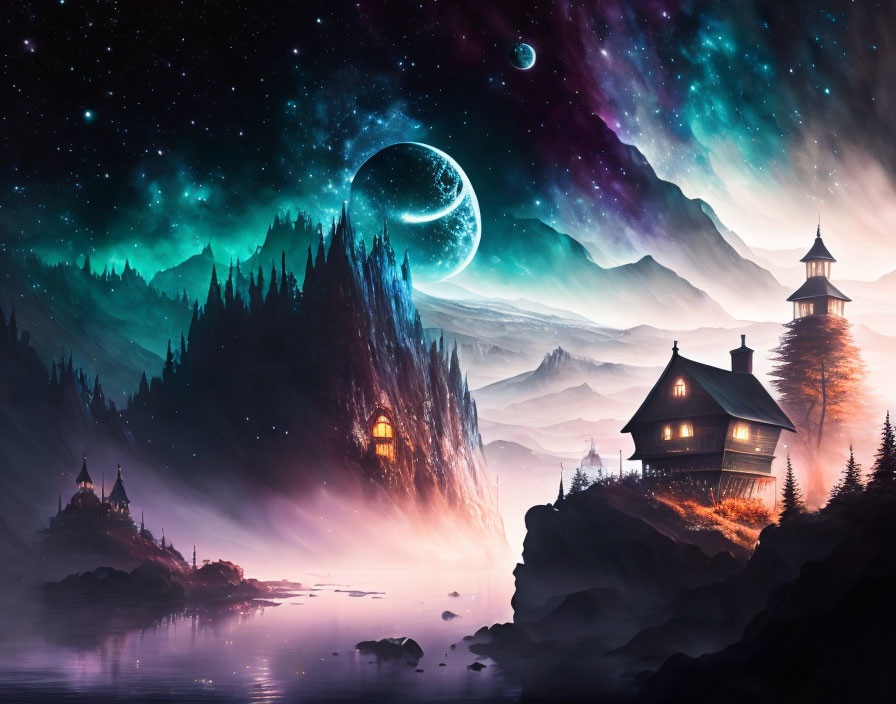 Fantasy landscape with crescent moon, auroras, misty mountains, and river cottages