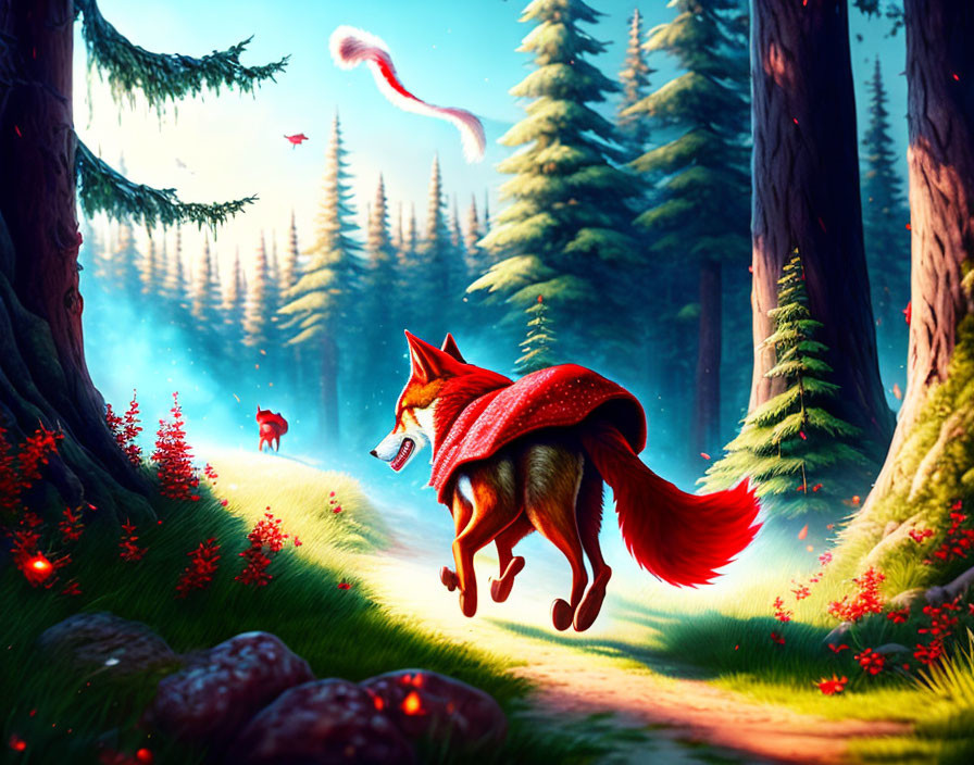 Illustration of fox with red scarf in vibrant forest with magical orbs