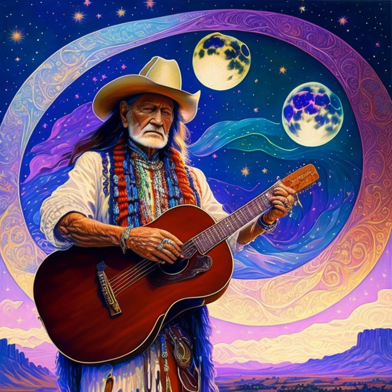 Bearded man playing guitar with cosmic background.
