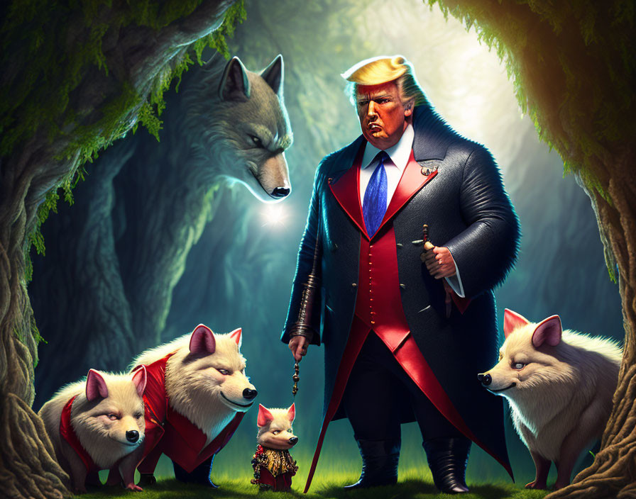 Fantasy Artwork: Person in Suit with Wolves and Crown in Enchanted Forest