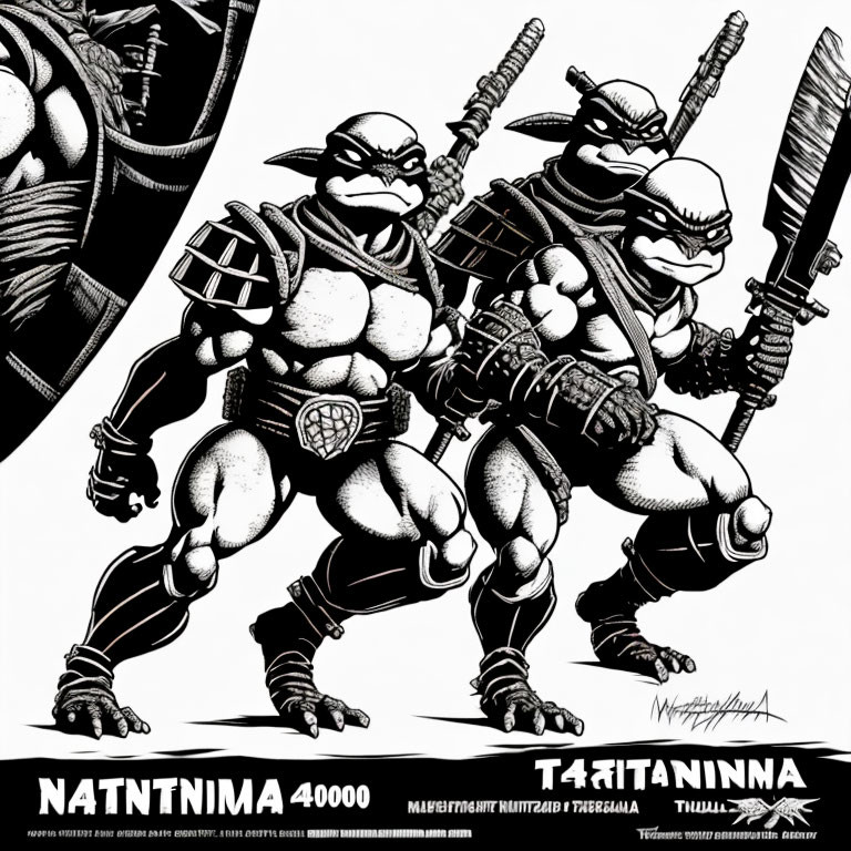 Stylized black and white anthropomorphic turtle illustrations in dynamic poses