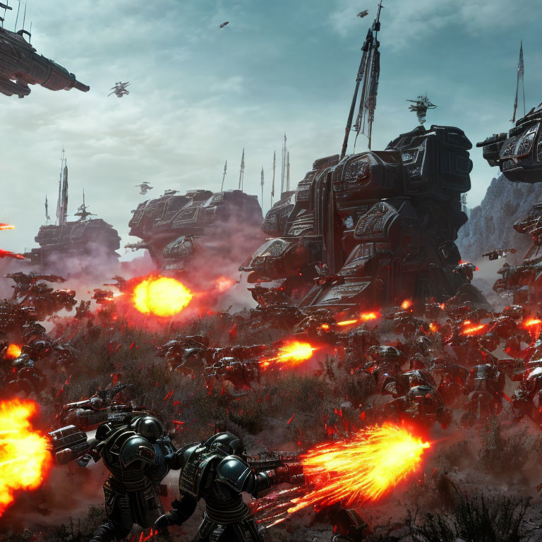 Sci-fi battlefield with towering mechs, power-armored soldiers, explosions, and airborne ships in dus