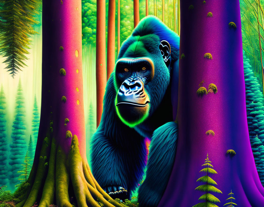 Colorful Digital Artwork: Neon Gorilla in Surreal Forest