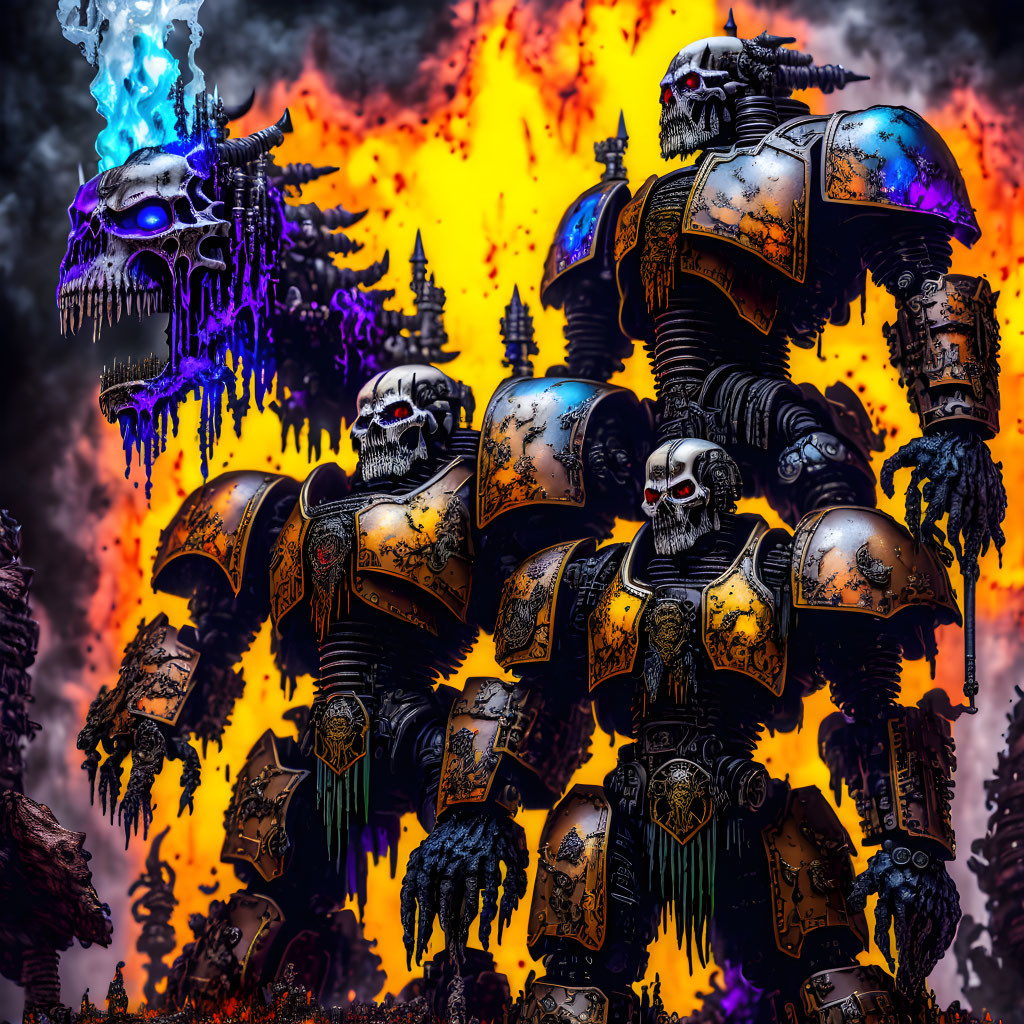 Armored skeletal figures in fiery setting with ghostly apparitions and gothic spires.