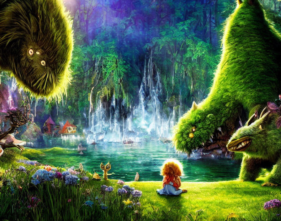 Child with red hair in vibrant fantasy landscape by a lake observing green creatures