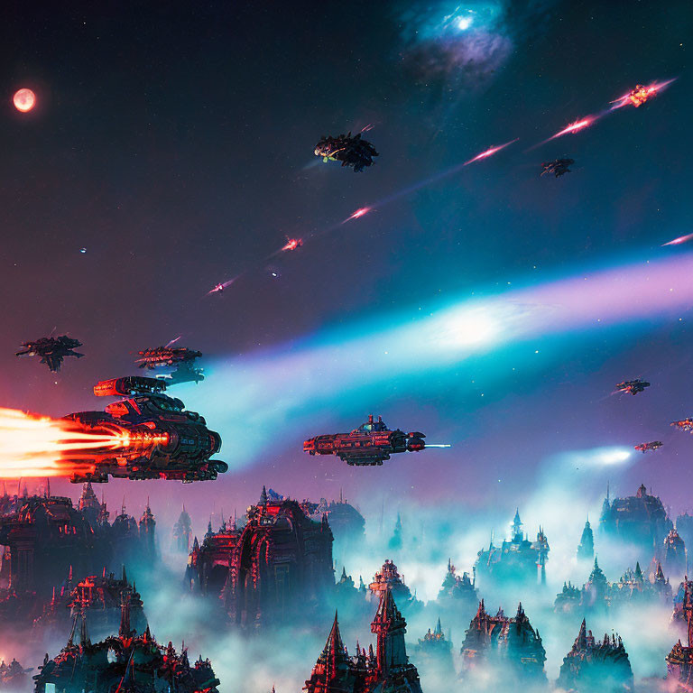 Colorful nebula and celestial bodies over a mist-covered alien city