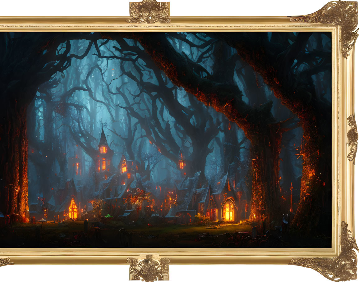 Fantasy painting: Glowing village in enchanted forest