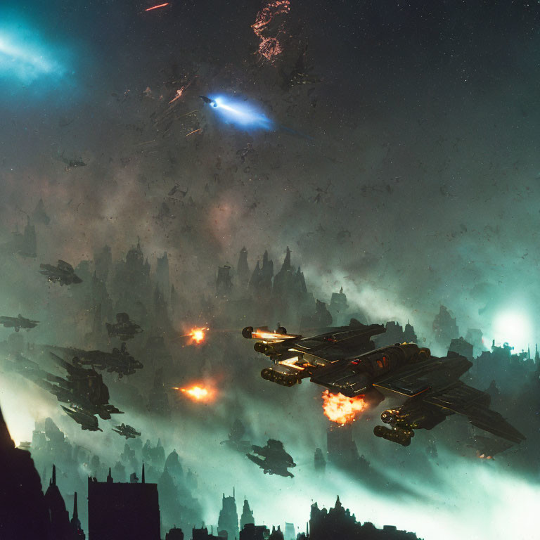 Sci-fi scene: Space fighters above futuristic cityscape & cosmic sky