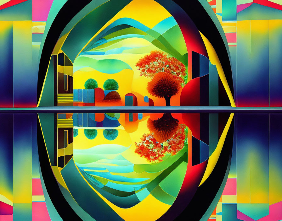 Symmetrical Abstract Digital Artwork with Vibrant Organic and Geometric Shapes