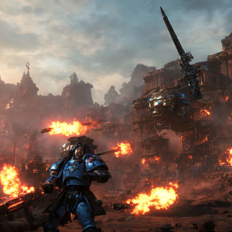Armored soldier with lance in fiery futuristic battlefield.