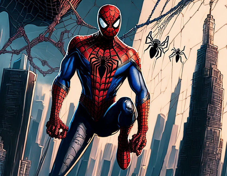 Spider-Man crouching on web with skyscrapers and spider emblem in the sky