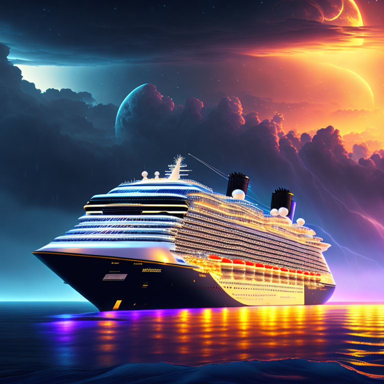 Luminous cruise ship on vibrant ocean under sci-fi sky with large moon and swirling clouds reflecting orange