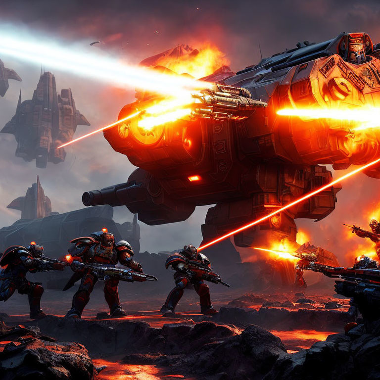 Sci-fi battle scene with mech soldiers, spaceship, and explosions on volcanic terrain