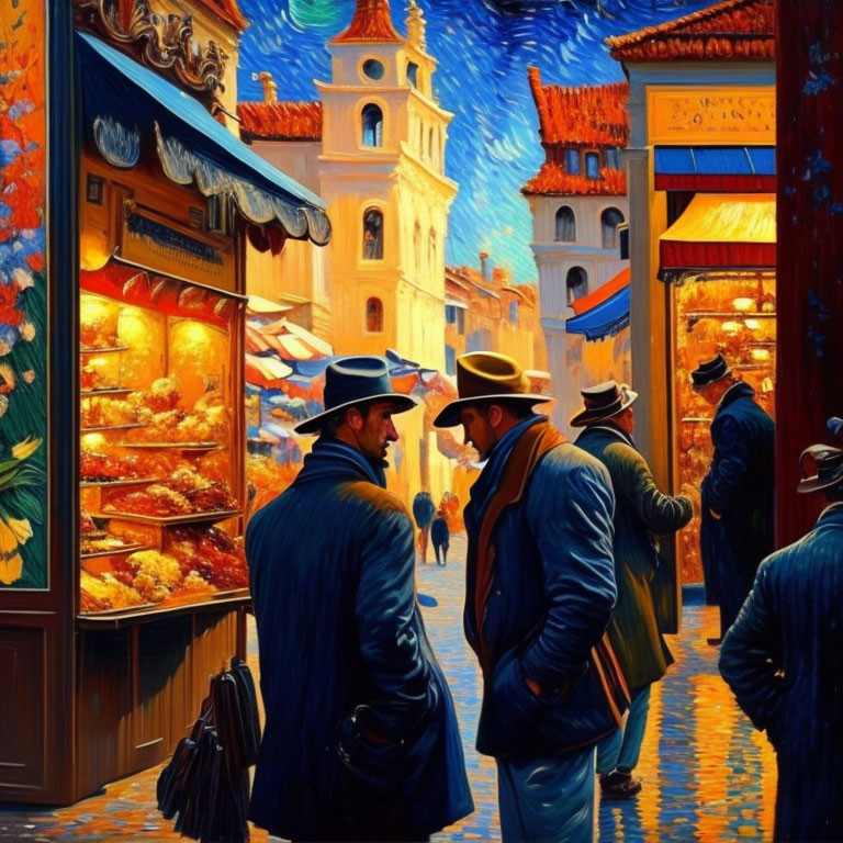 Colorful painting of two men in hats chatting on busy street corner near golden-lit bakery, with