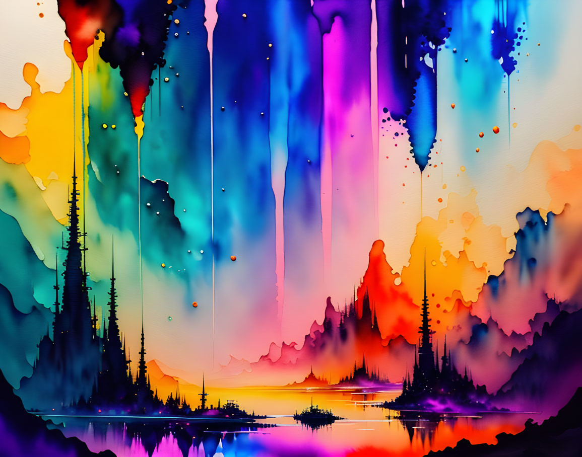 Vivid Abstract Landscape with Yellow, Orange, Blue, and Purple Hues