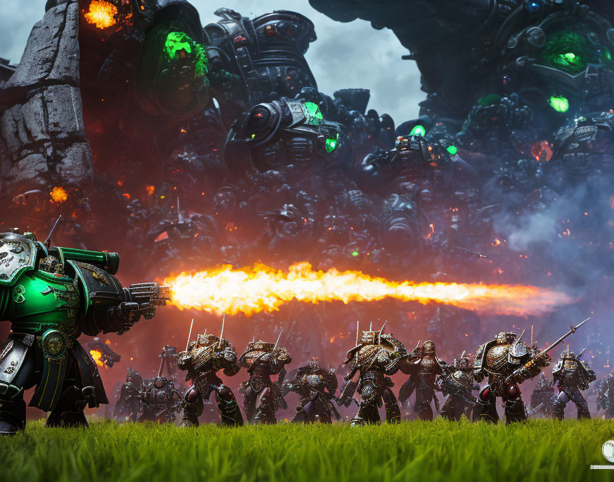 Armored warriors with spears face giant mechs in fiery battlefield