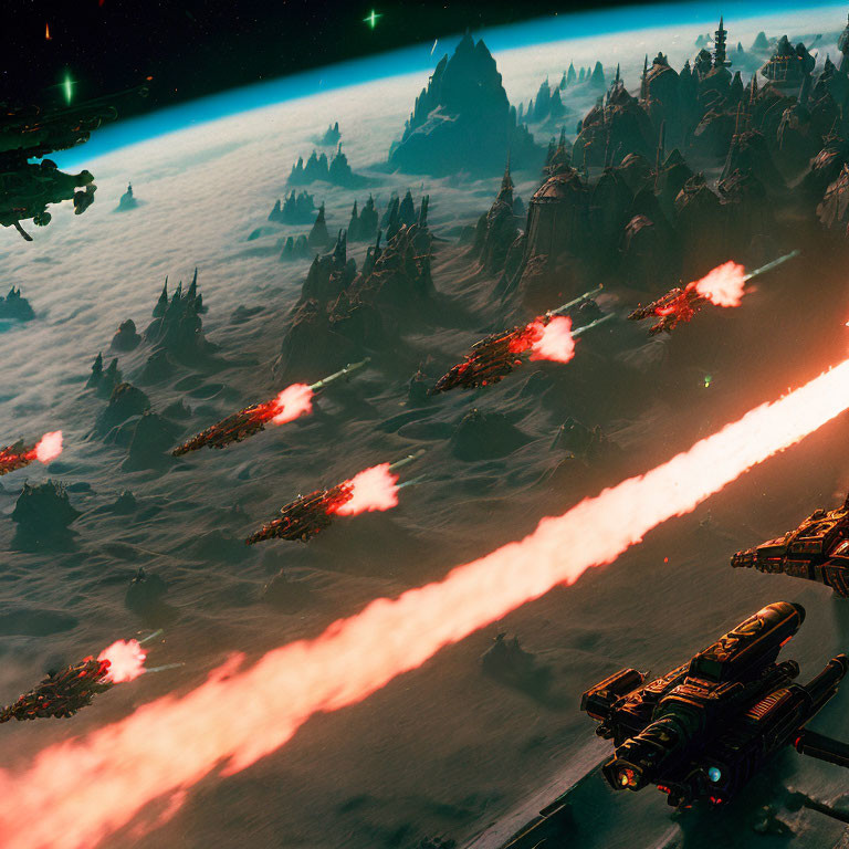Sci-fi battle scene: spaceships, lasers, alien landscape, red sky, green aurora