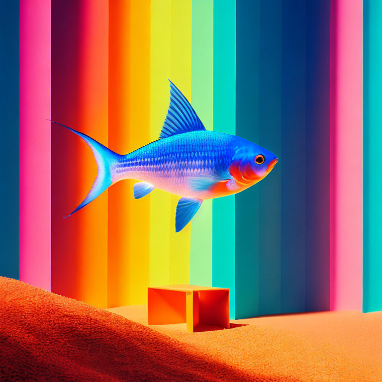 Blue fish swimming in mid-air over colorful background with geometric cube on orange surface