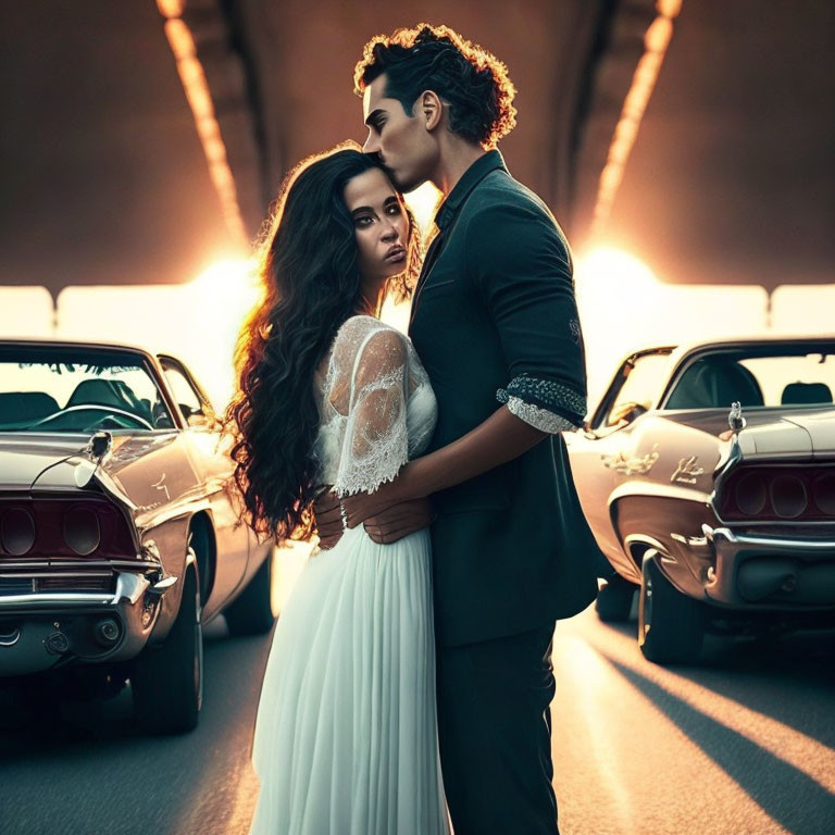 Romantic couple embraces on road with classic cars and sunset