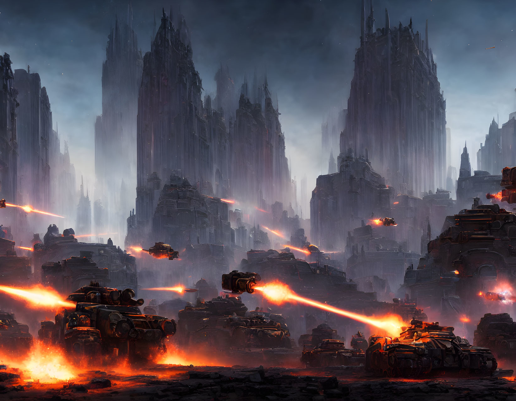 Dystopian battlefield with laser-firing tanks in ruins