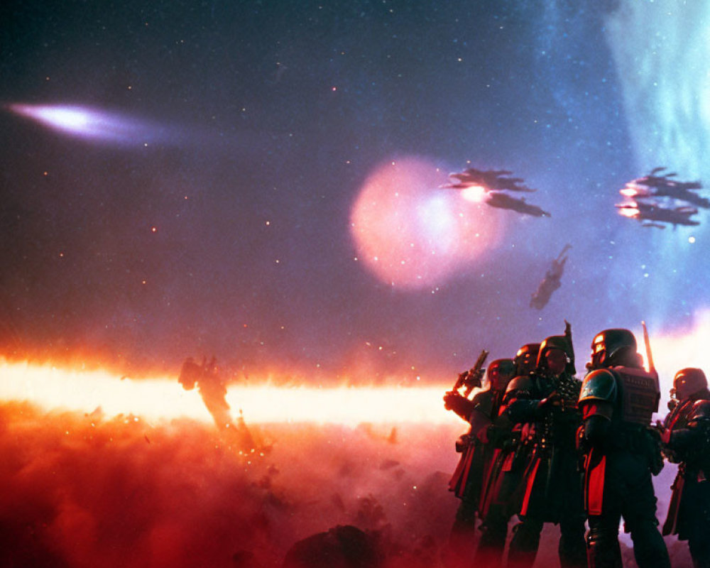 Futuristic soldiers in armor in fiery landscape with cosmic bodies